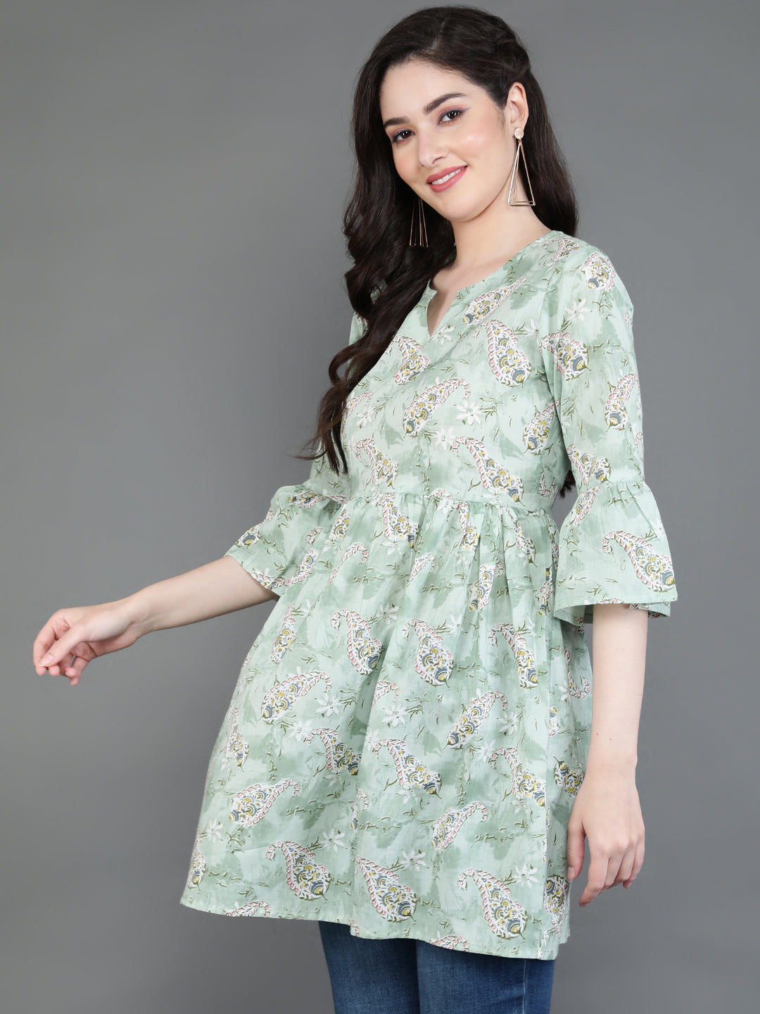 Antaran Green Pure Cotton Printed Tunic - Swadesiicart