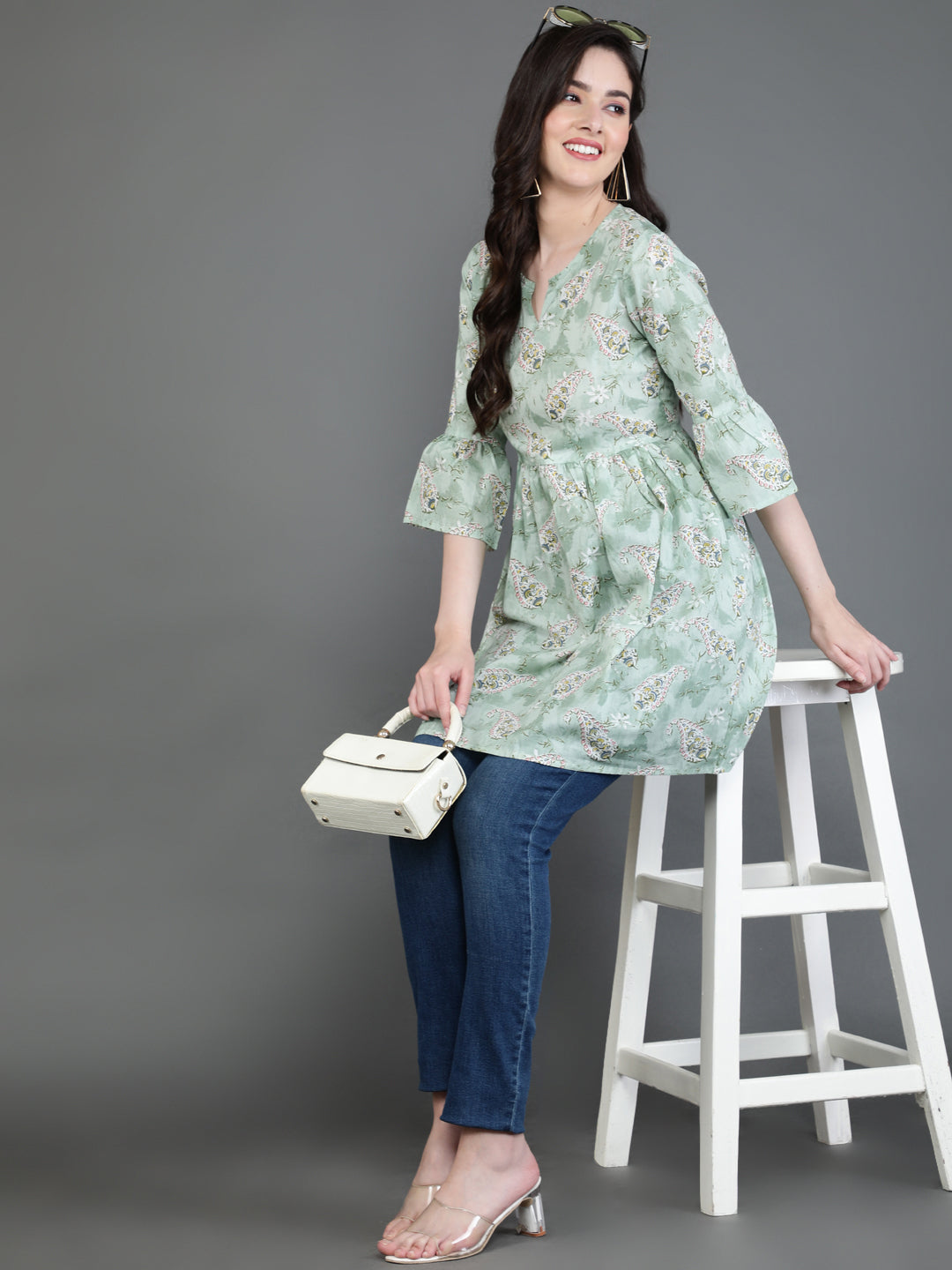 Antaran Green Pure Cotton Printed Tunic - Swadesiicart