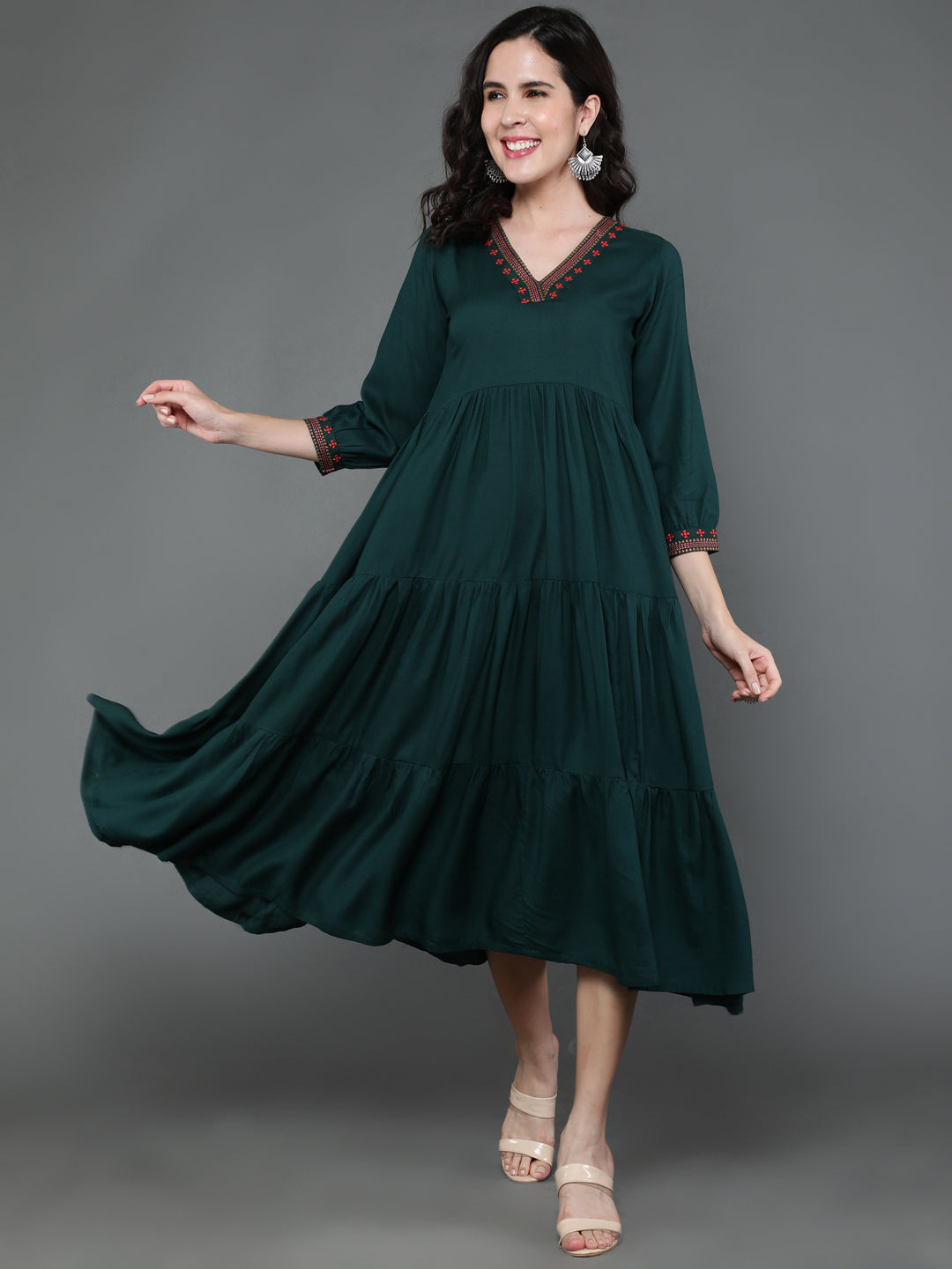 Antaran Dark Green Rayon Embroidered Dress - Swadesiicart