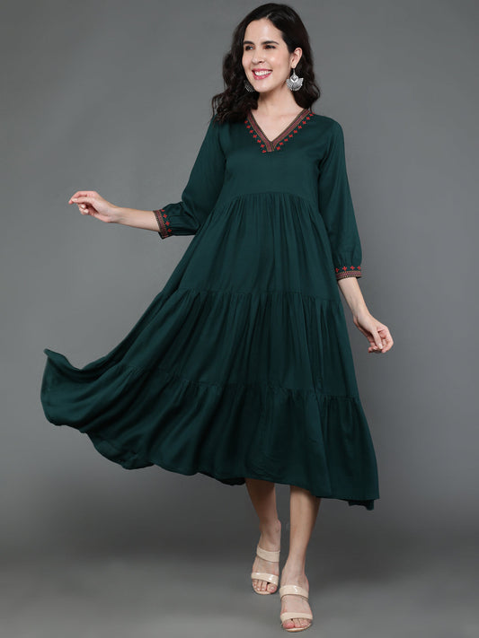 Antaran Dark Green Rayon Embroidered Dress - Swadesiicart
