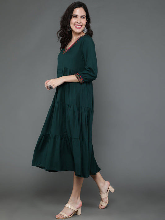 Antaran Dark Green Rayon Embroidered Dress - Swadesiicart
