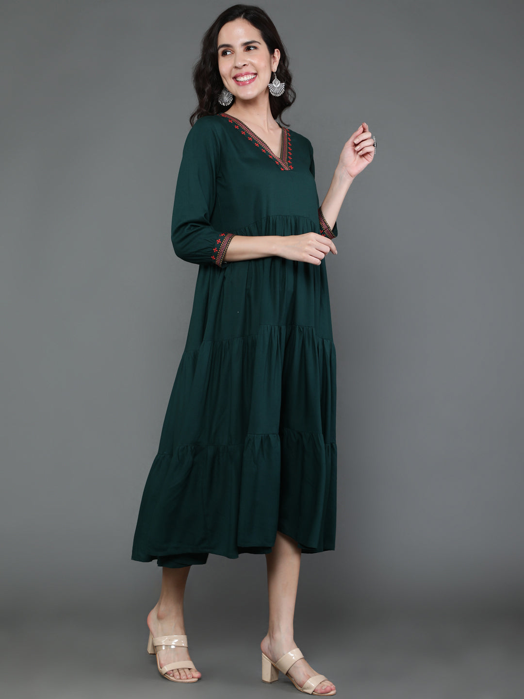 Antaran Dark Green Rayon Embroidered Dress - Swadesiicart