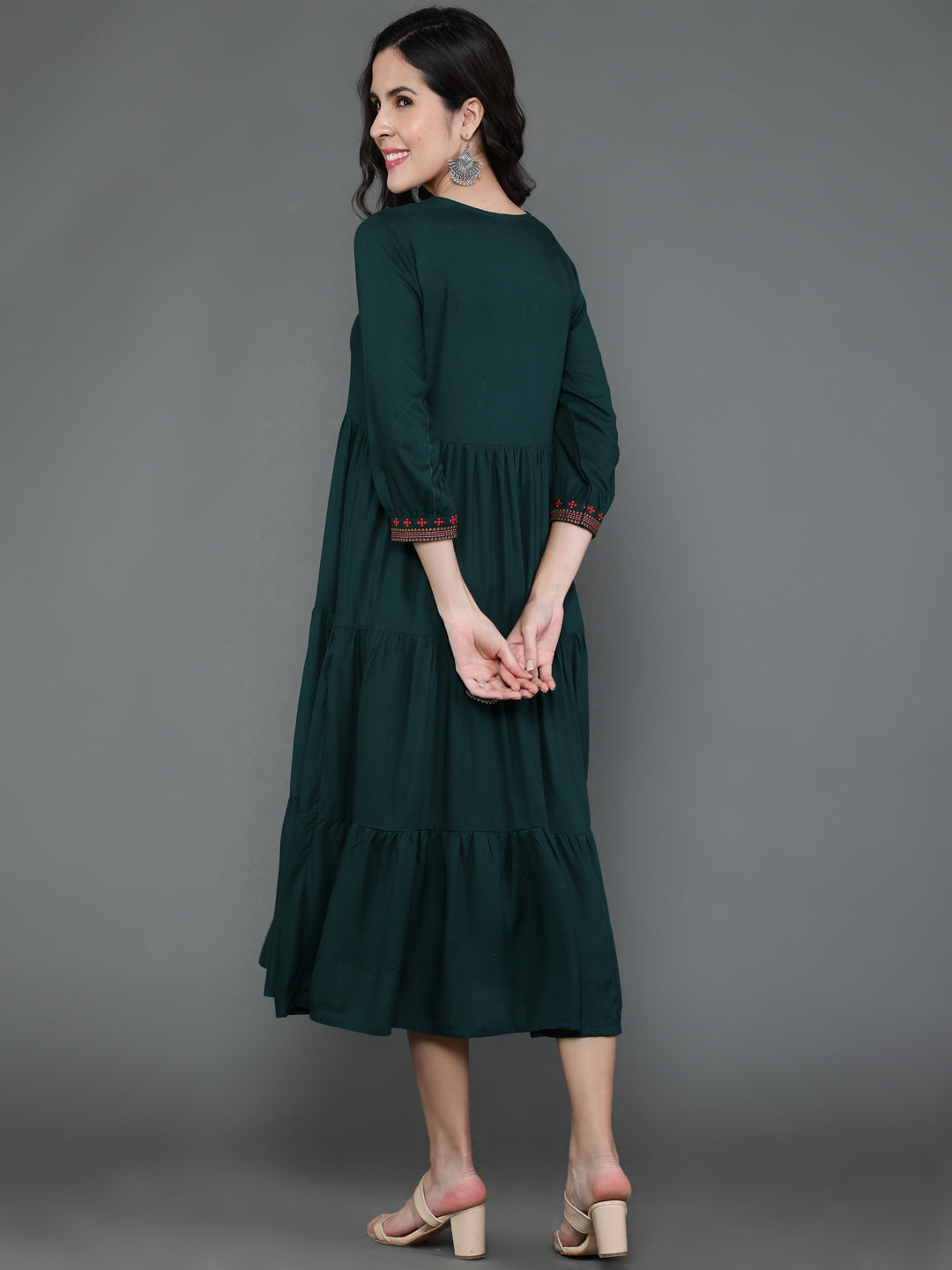 Antaran Dark Green Rayon Embroidered Dress - Swadesiicart