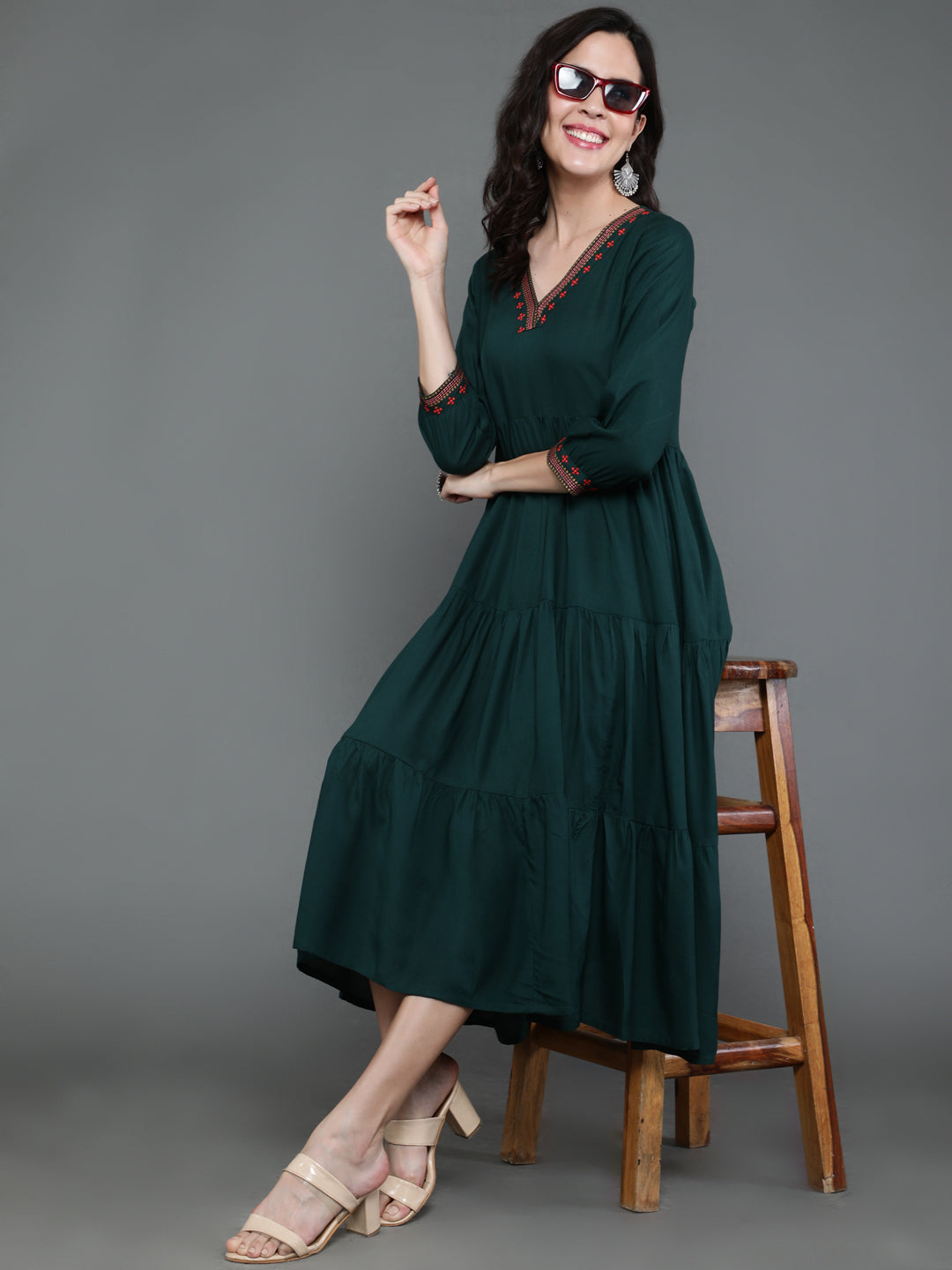 Antaran Dark Green Rayon Embroidered Dress - Swadesiicart