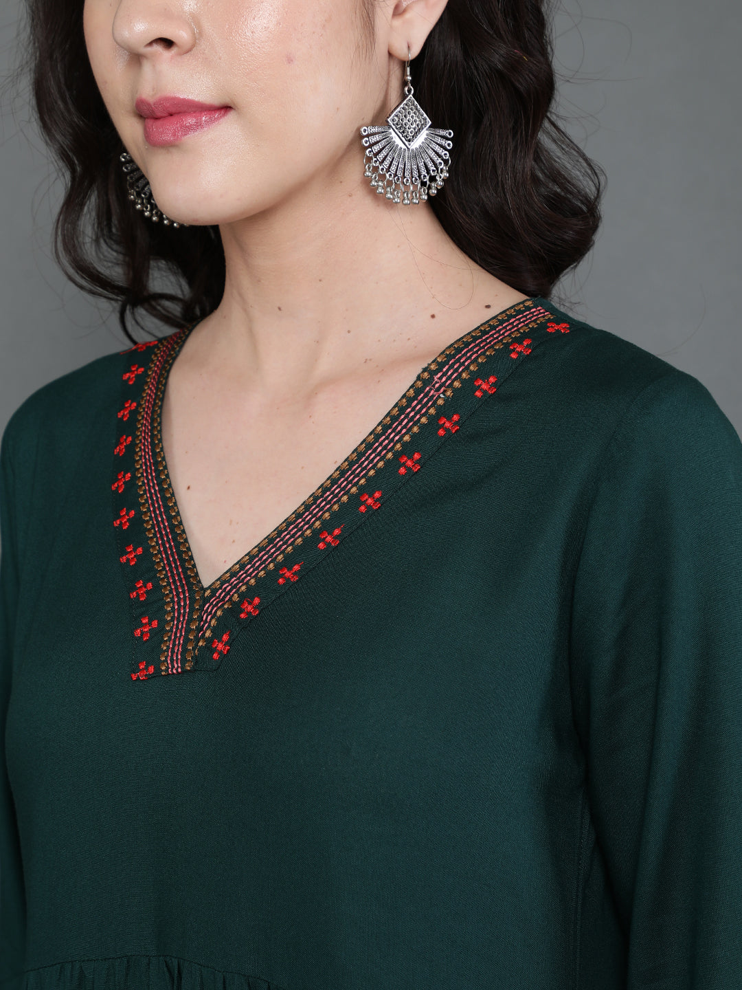 Antaran Dark Green Rayon Embroidered Dress - Swadesiicart