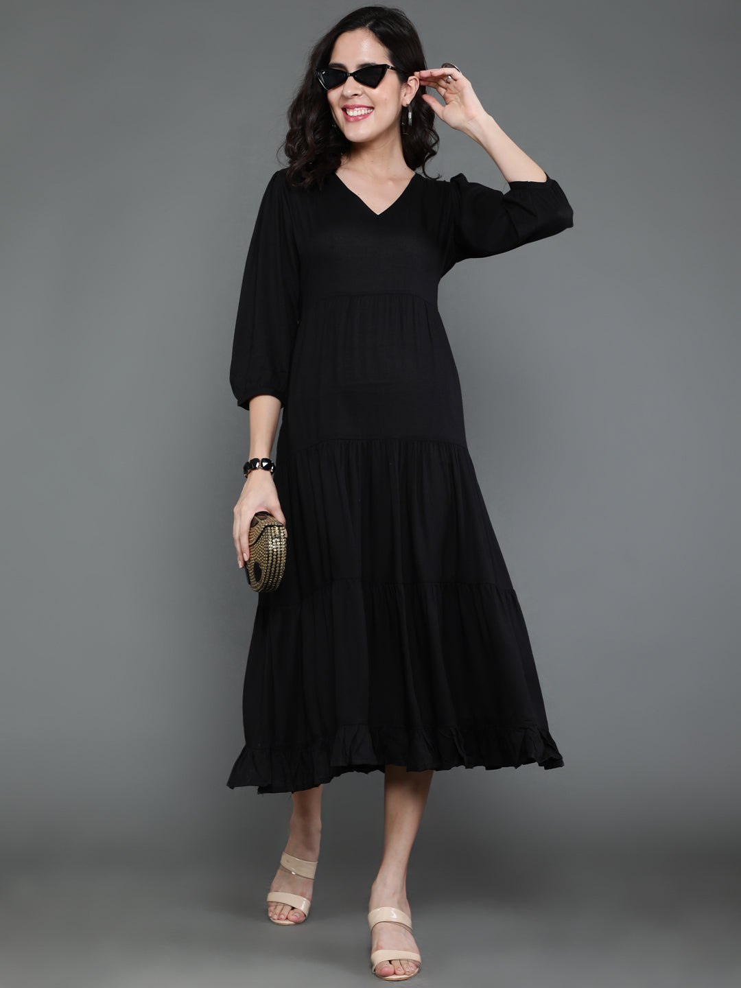 Antaran Black Rayon Flared Solid Black Dress - Swadesiicart