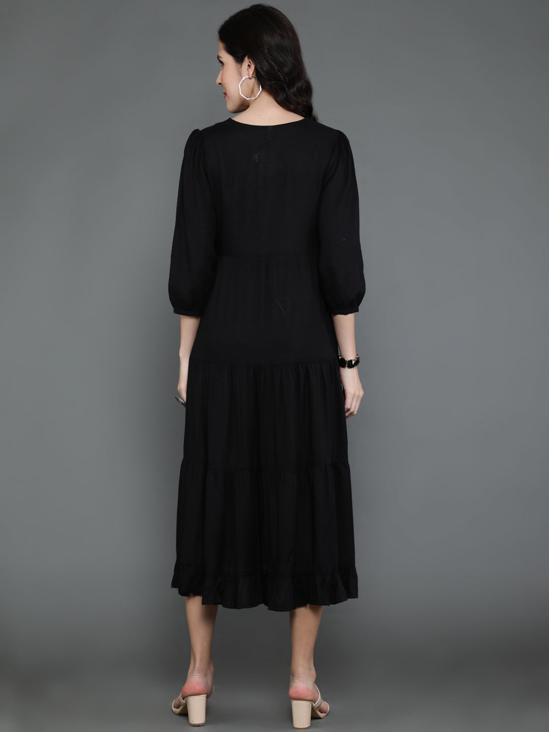 Antaran Black Rayon Flared Solid Black Dress - Swadesiicart