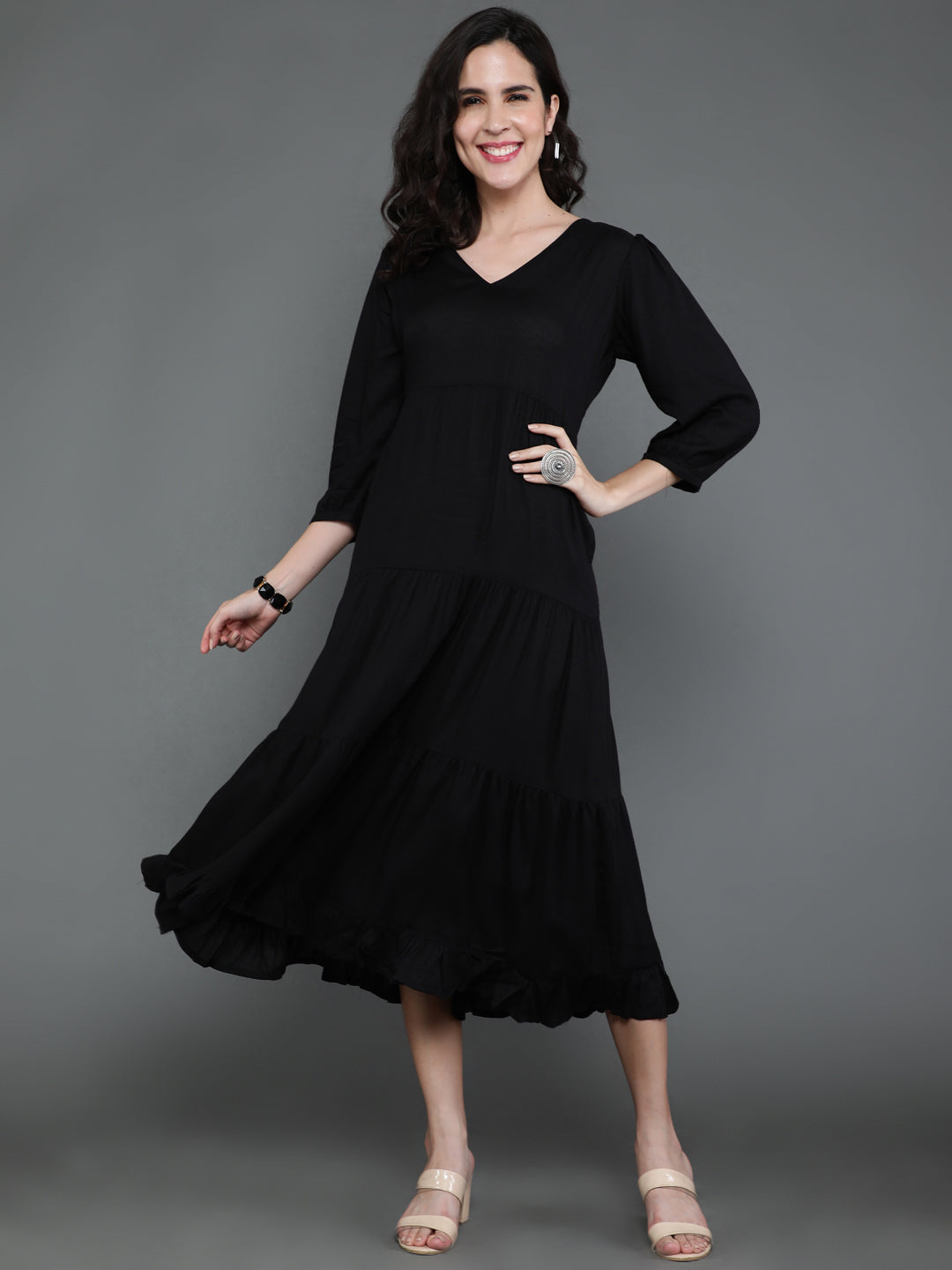 Antaran Black Rayon Flared Solid Black Dress - Swadesiicart