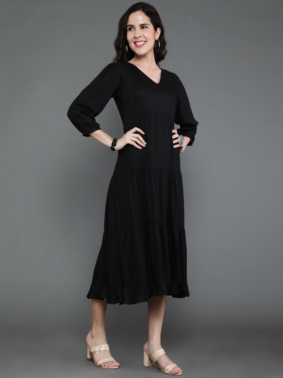 Antaran Black Rayon Flared Solid Black Dress - Swadesiicart