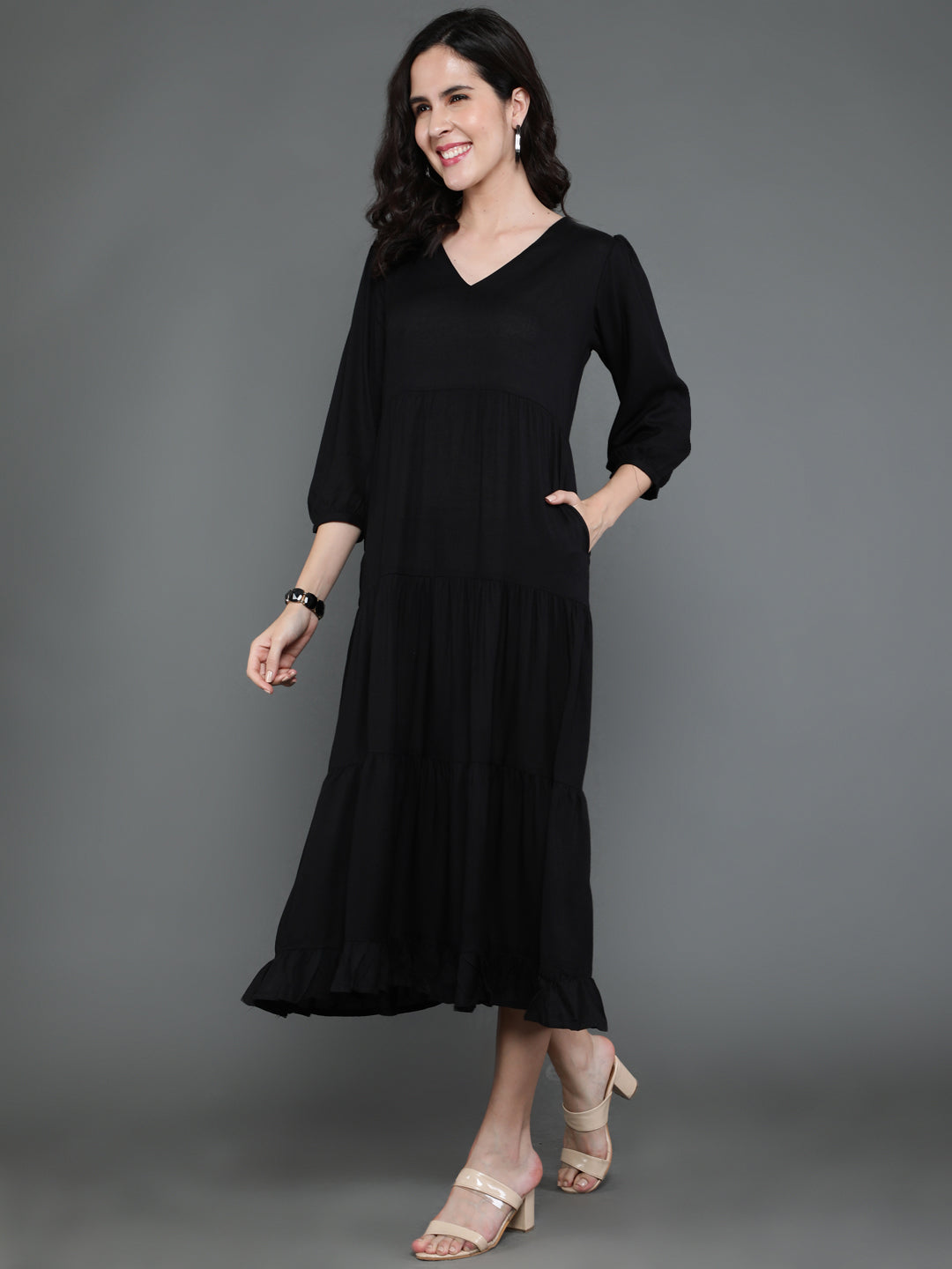 Antaran Black Rayon Flared Solid Black Dress - Swadesiicart