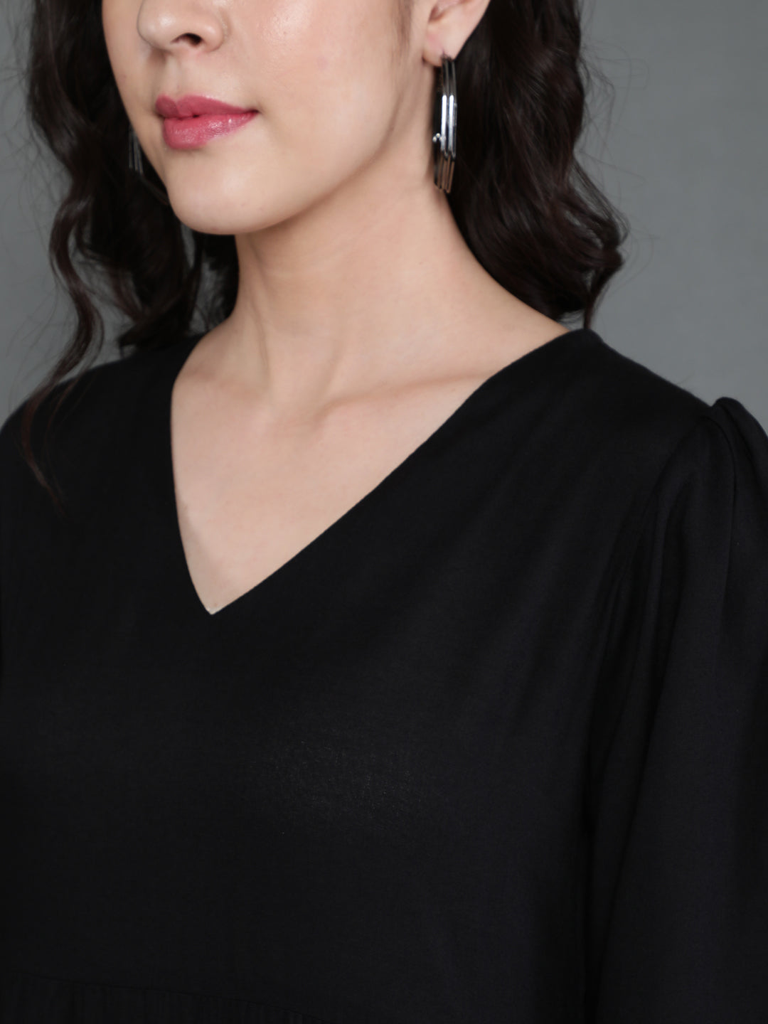 Antaran Black Rayon Flared Solid Black Dress - Swadesiicart