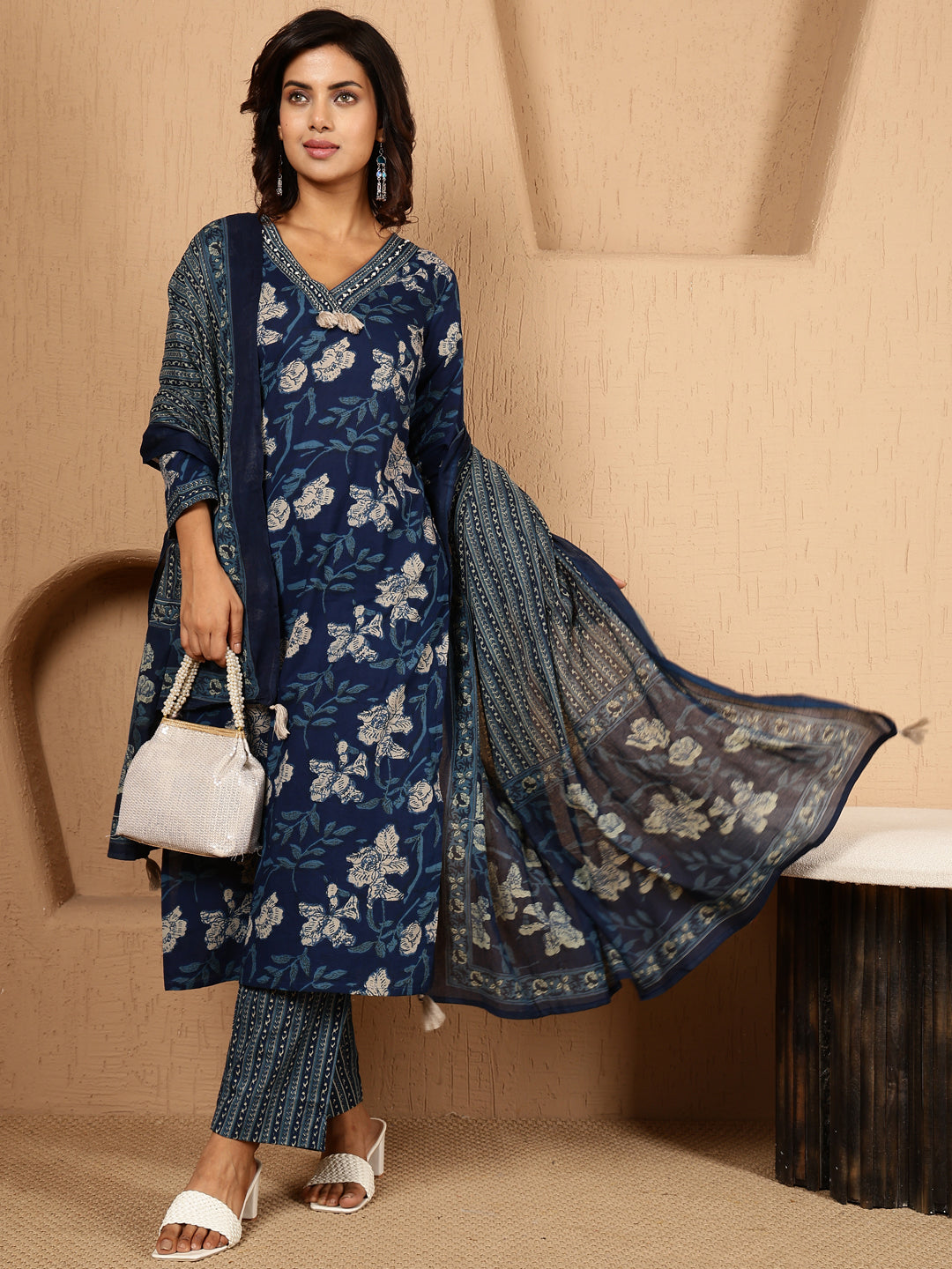 Antaran Blue Pure Cotton Embellished Kurta Pant & Dupatta Set - Swadesiicart