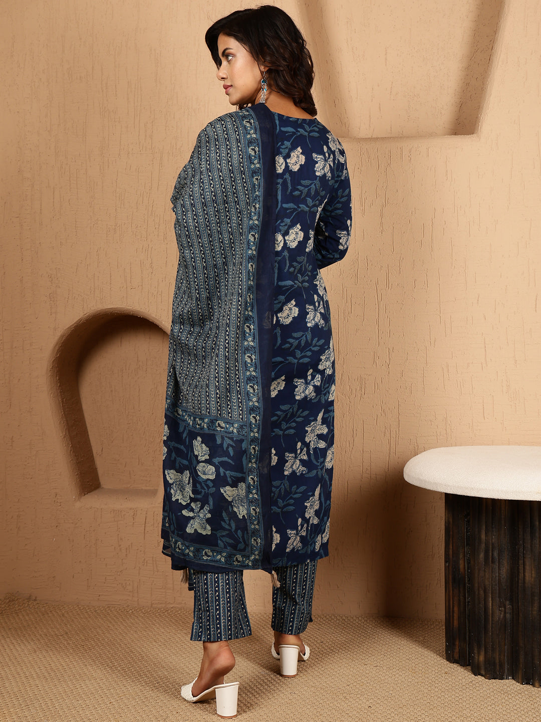 Antaran Blue Pure Cotton Embellished Kurta Pant & Dupatta Set - Swadesiicart