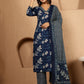 Antaran Blue Pure Cotton Embellished Kurta Pant & Dupatta Set - Swadesiicart