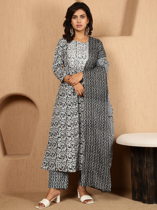 Antaran Blue Cotton Blend Embellished Kurta Pant & Dupatta Set