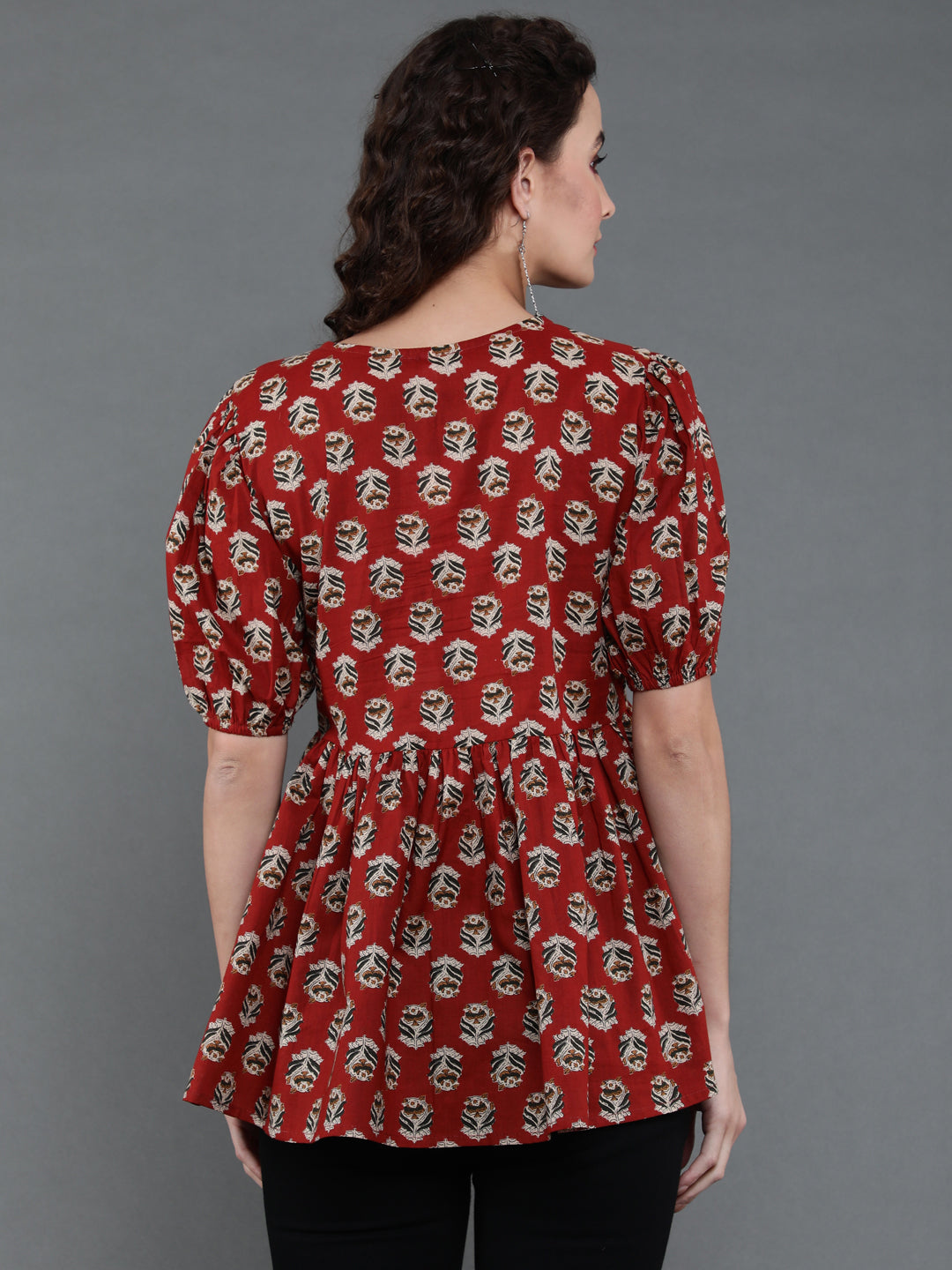 Antaran Brown/Rust Pure Cotton Aliacut Printed Top - Swadesiicart