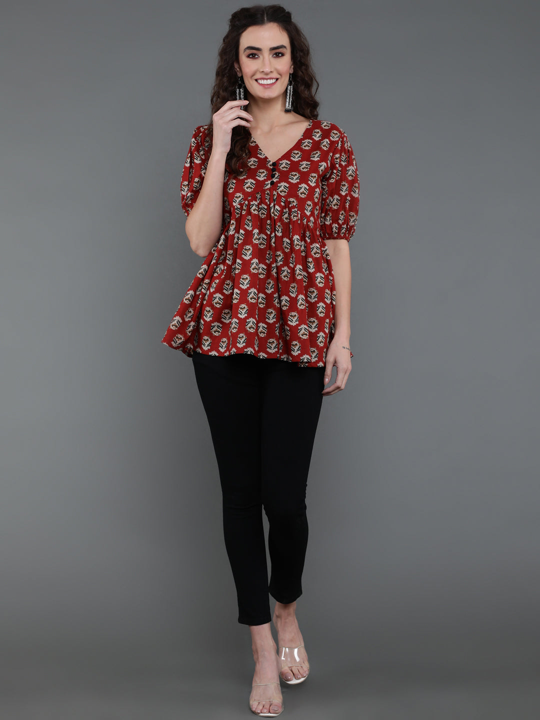 Antaran Brown/Rust Pure Cotton Aliacut Printed Top - Swadesiicart