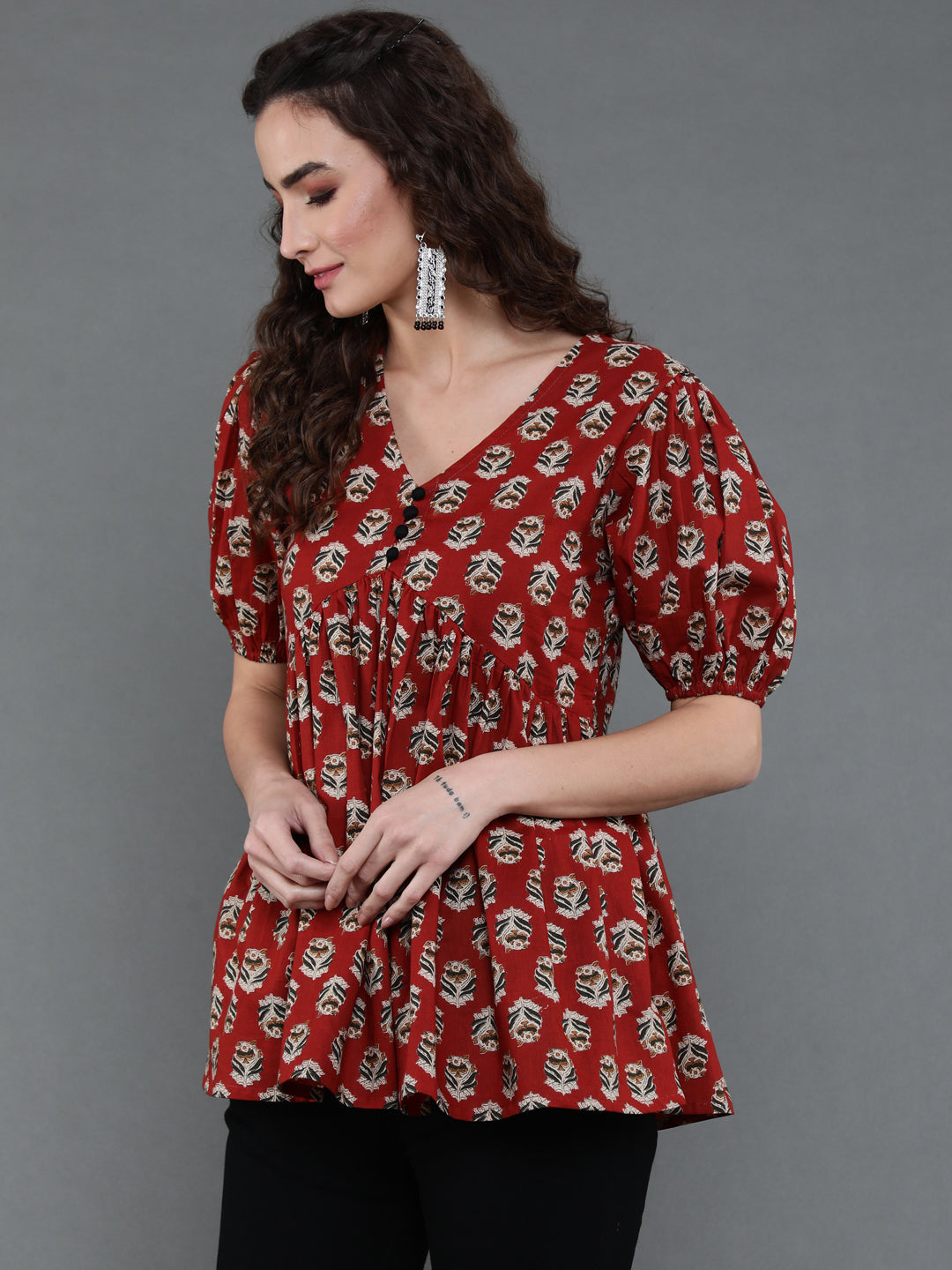 Antaran Brown/Rust Pure Cotton Aliacut Printed Top - Swadesiicart