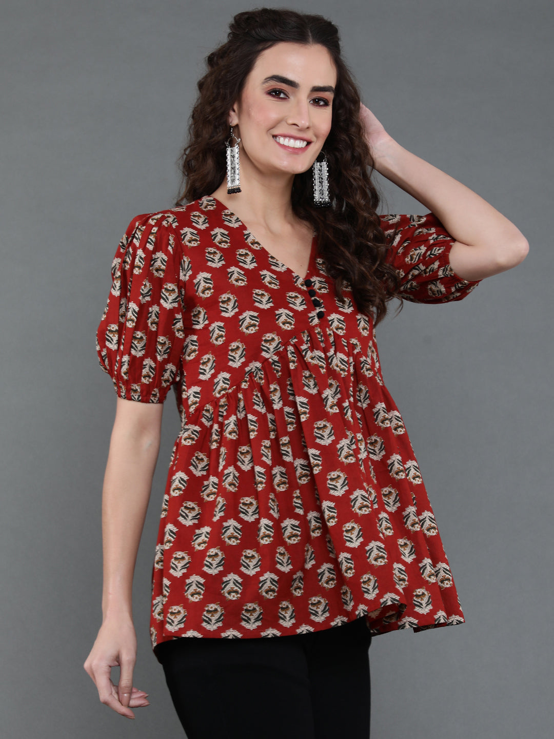 Antaran Brown/Rust Pure Cotton Aliacut Printed Top - Swadesiicart