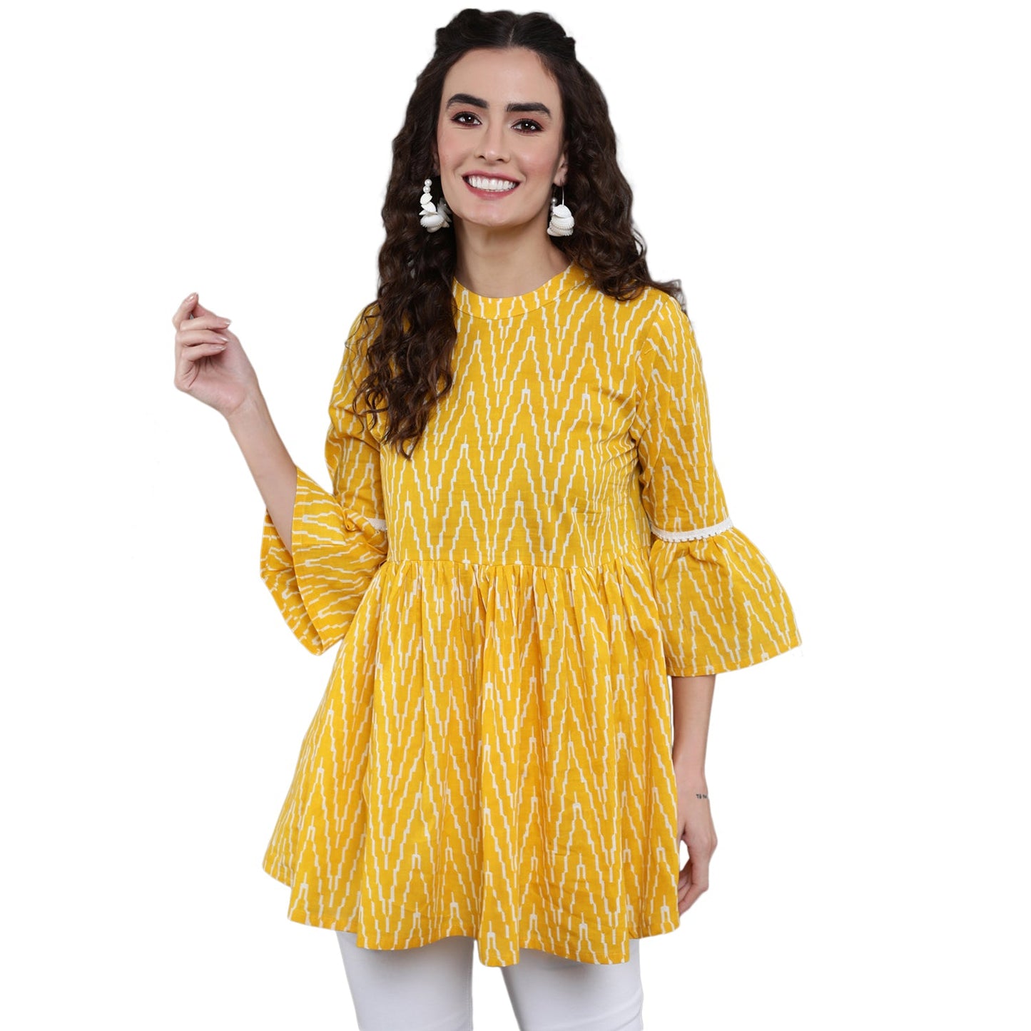 Antaran Yellow Pure Cotton Printed Tunic With Button Detail On Back - Swadesiicart