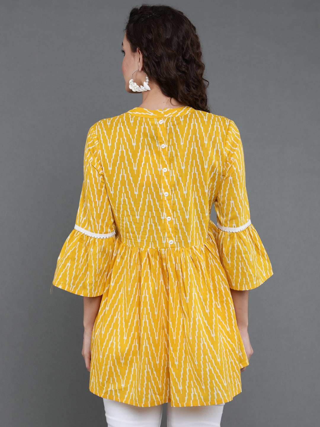 Antaran Yellow Pure Cotton Printed Tunic With Button Detail On Back - Swadesiicart