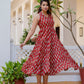 Antaran Maroon Pure Cotton Tiered Printed Dress - Swadesiicart