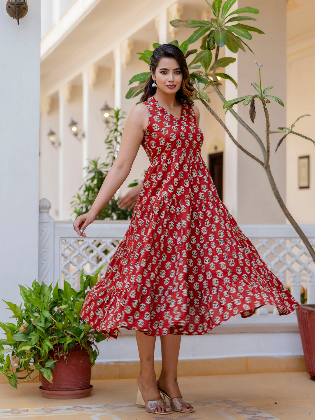 Antaran Maroon Pure Cotton Tiered Printed Dress - Swadesiicart