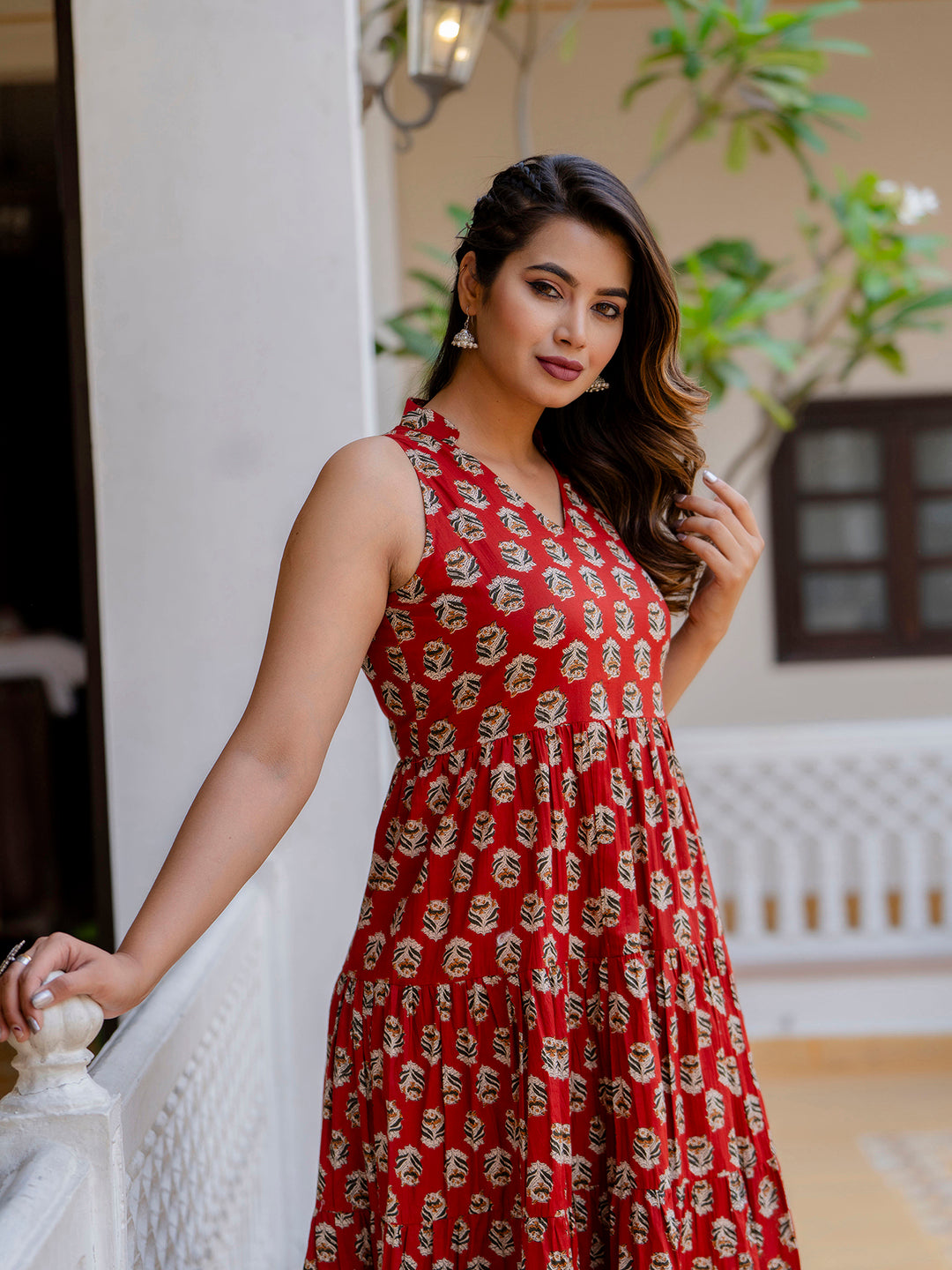 Antaran Maroon Pure Cotton Tiered Printed Dress - Swadesiicart