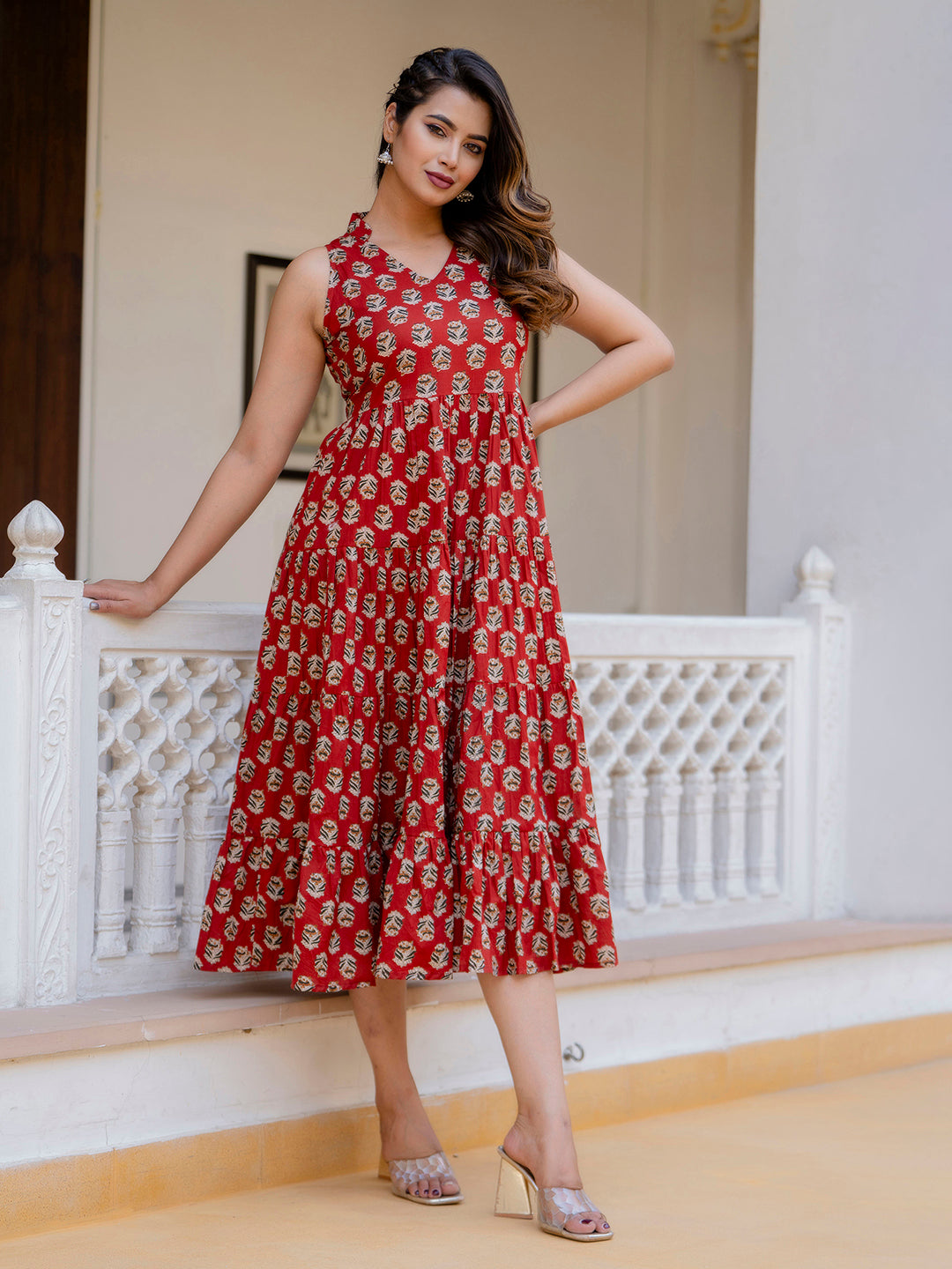 Antaran Maroon Pure Cotton Tiered Printed Dress - Swadesiicart