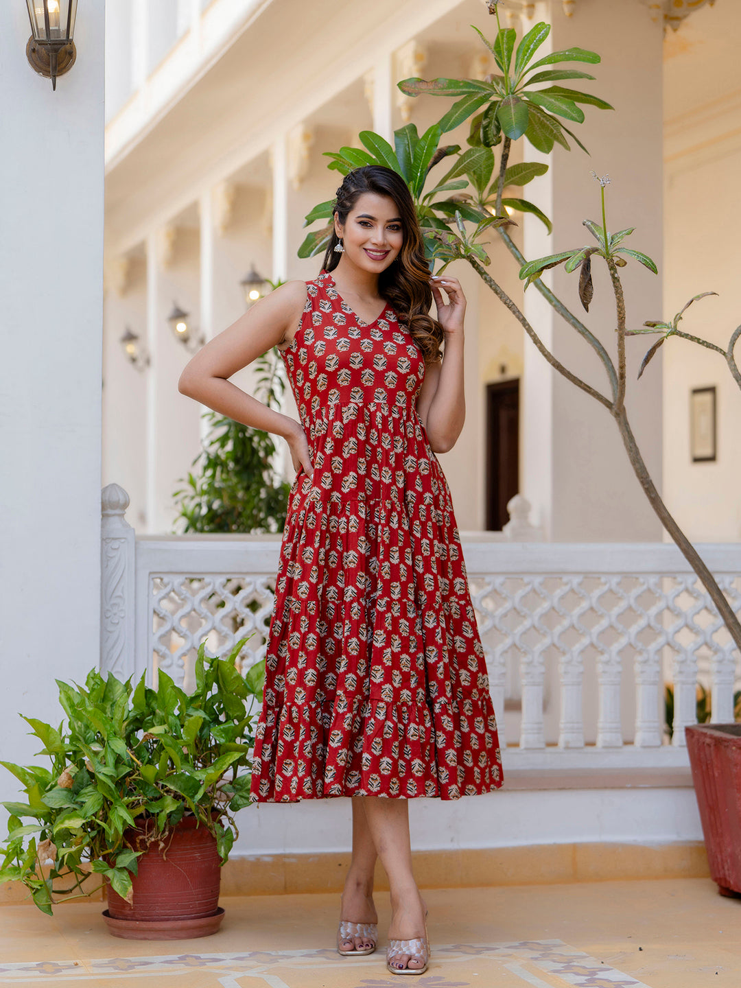 Antaran Maroon Pure Cotton Tiered Printed Dress - Swadesiicart