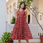 Antaran Maroon Pure Cotton Tiered Printed Dress - Swadesiicart