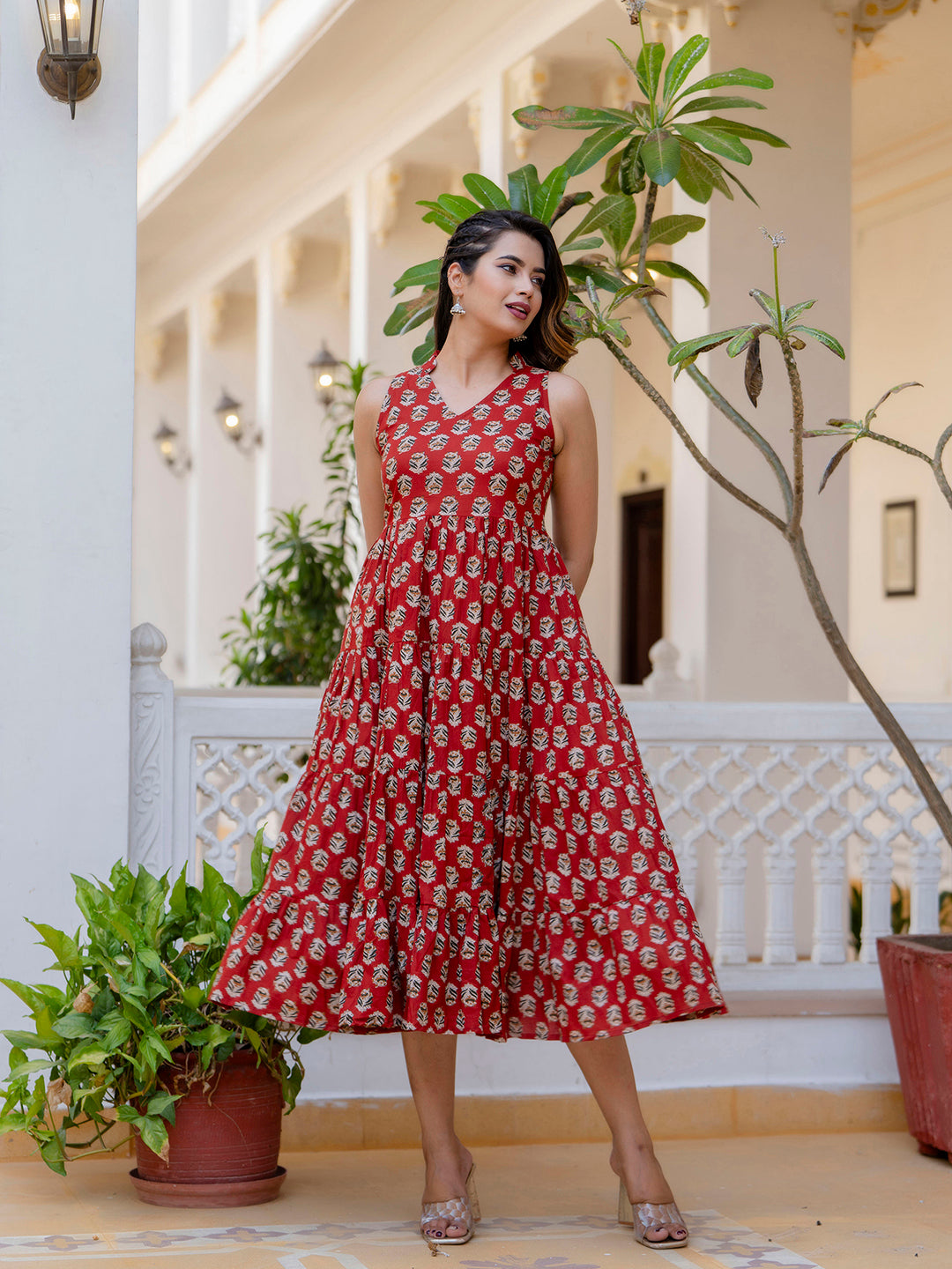 Antaran Maroon Pure Cotton Tiered Printed Dress - Swadesiicart