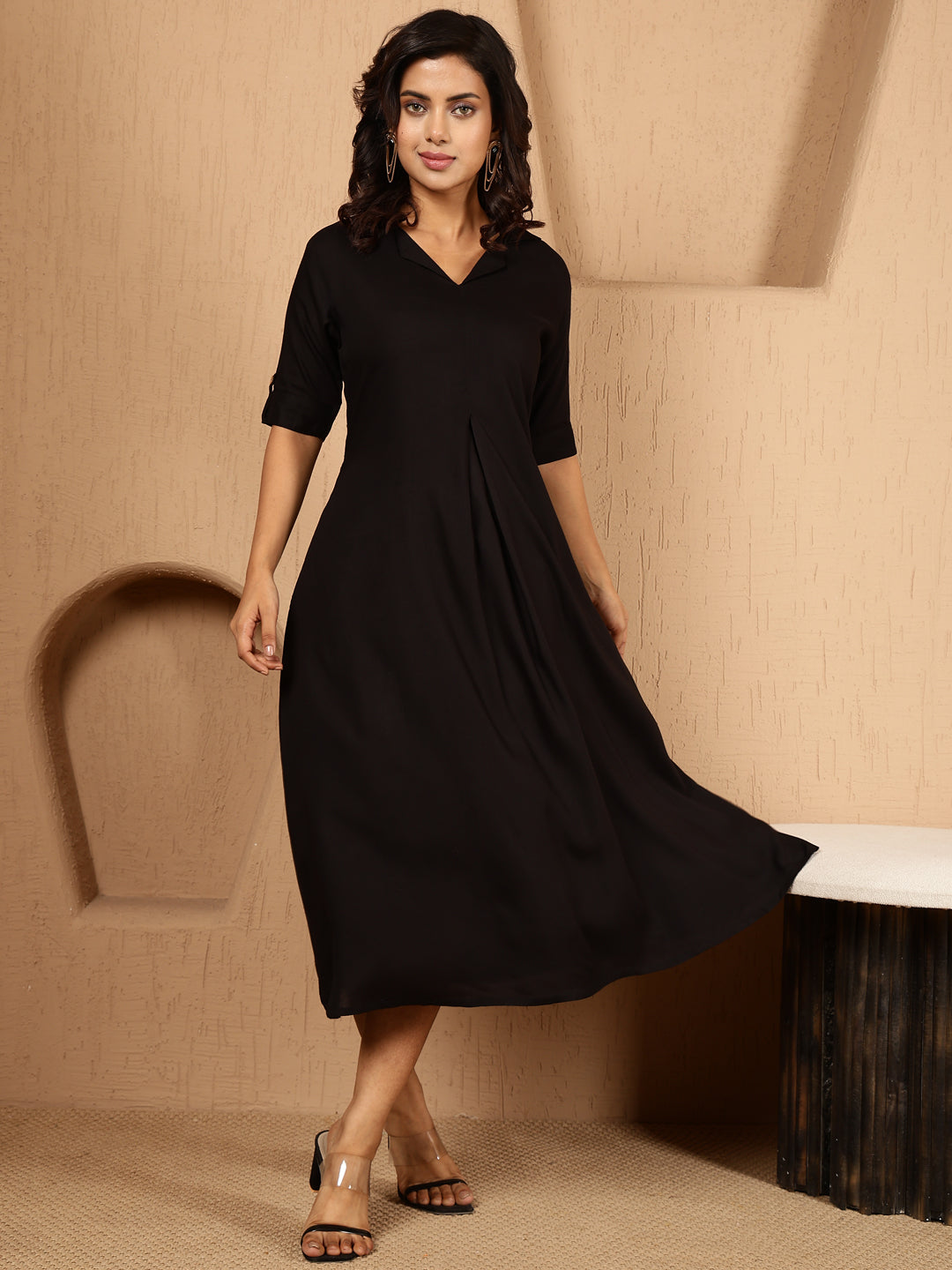 Antaran Black Rayon Solid Black Dress - Swadesiicart
