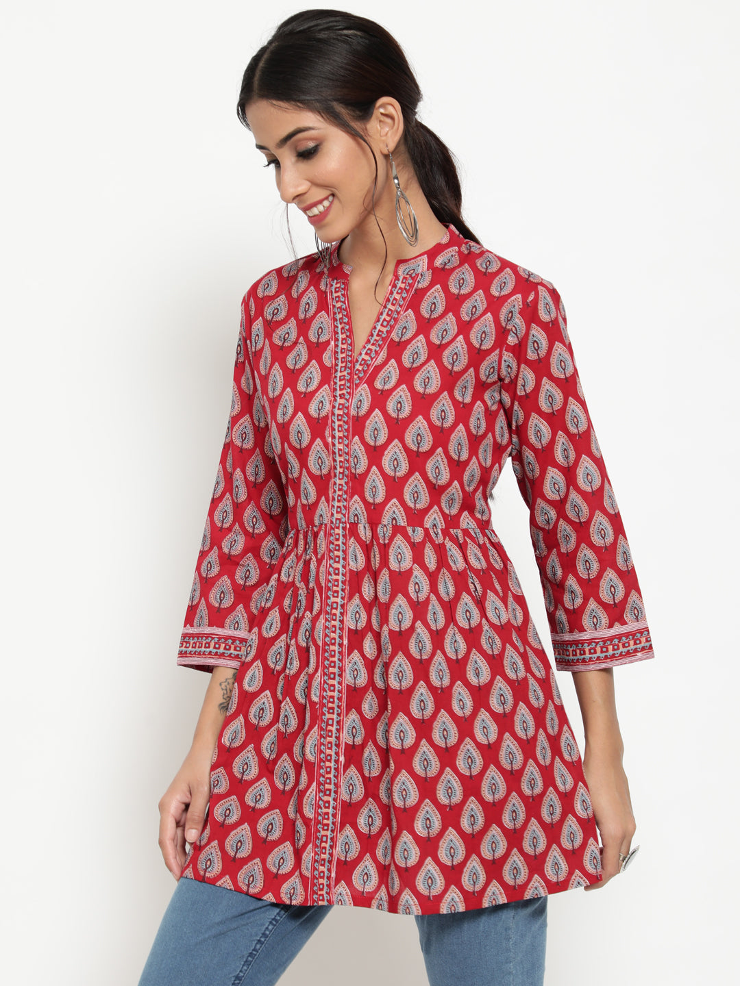 Antaran Maroon Pure Cotton Printed Tunic - Swadesiicart
