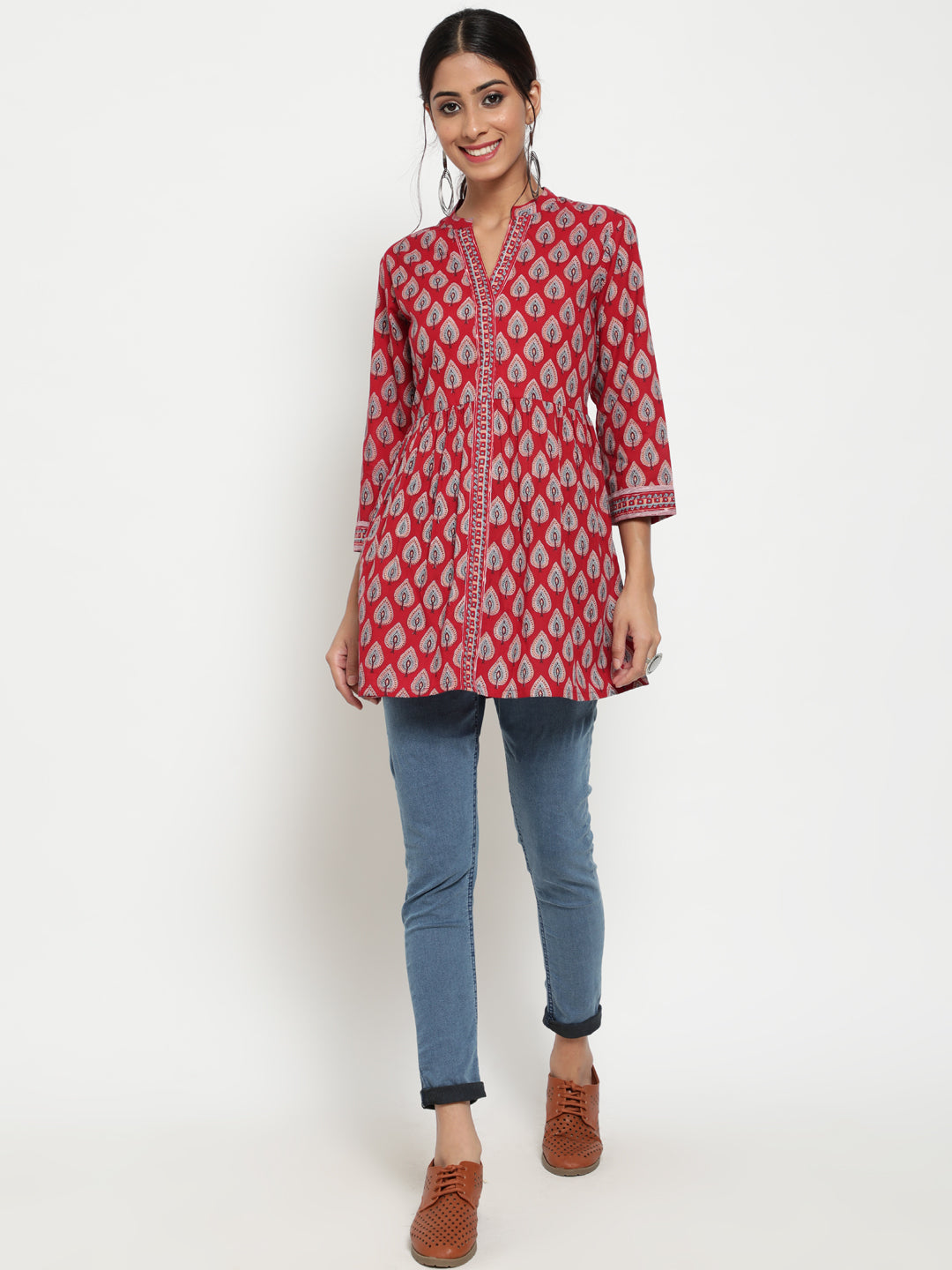 Antaran Maroon Pure Cotton Printed Tunic - Swadesiicart
