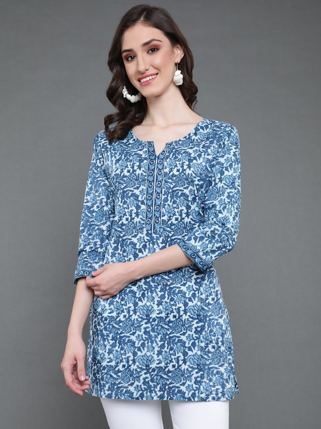 Antaran Blue Pure Cotton Printed Tunic - Swadesiicart