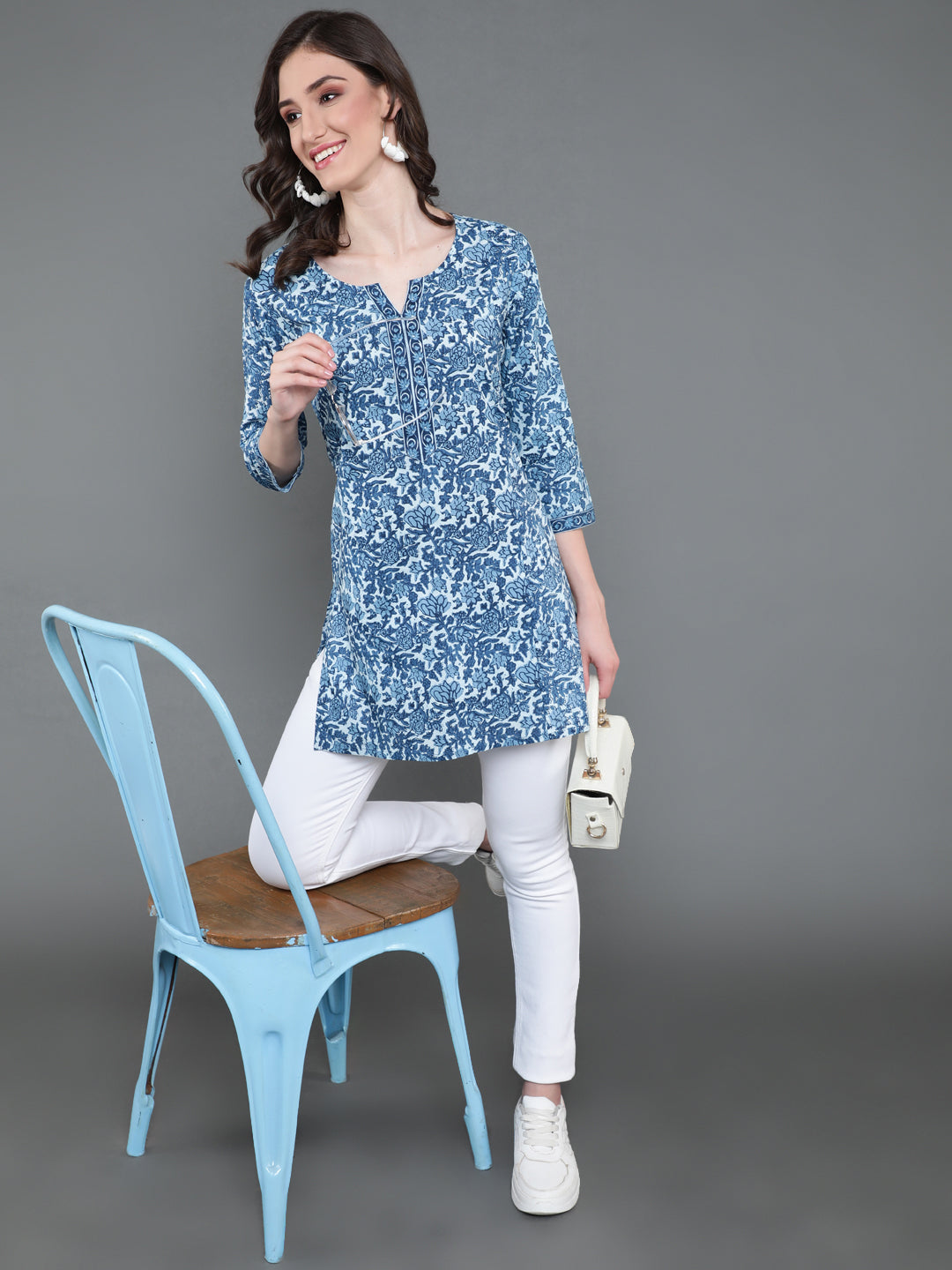 Antaran Blue Pure Cotton Printed Tunic - Swadesiicart
