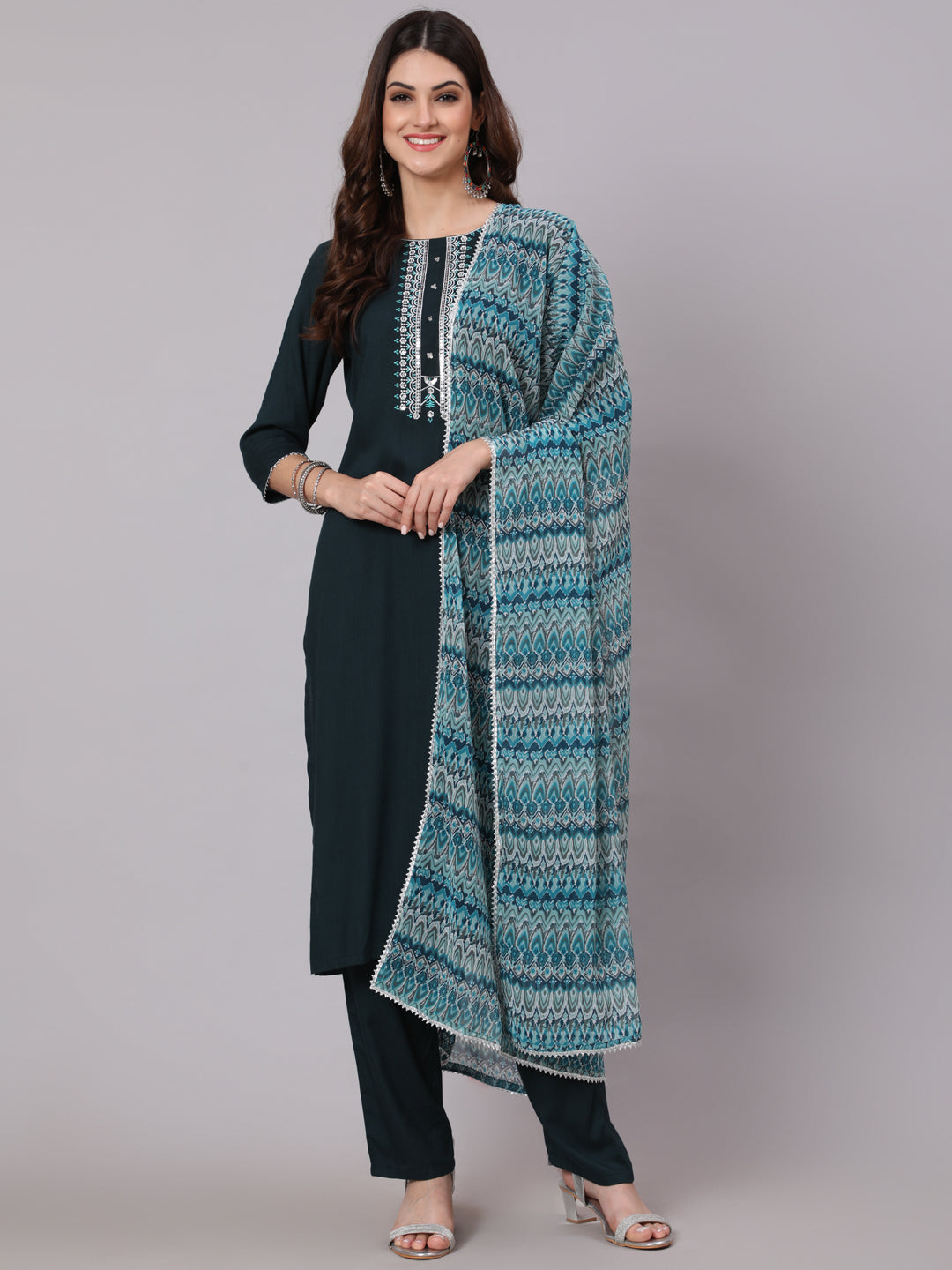 Antaran Blue Rayon Embroidered Kurta Pant Dupatta Set - Swadesiicart