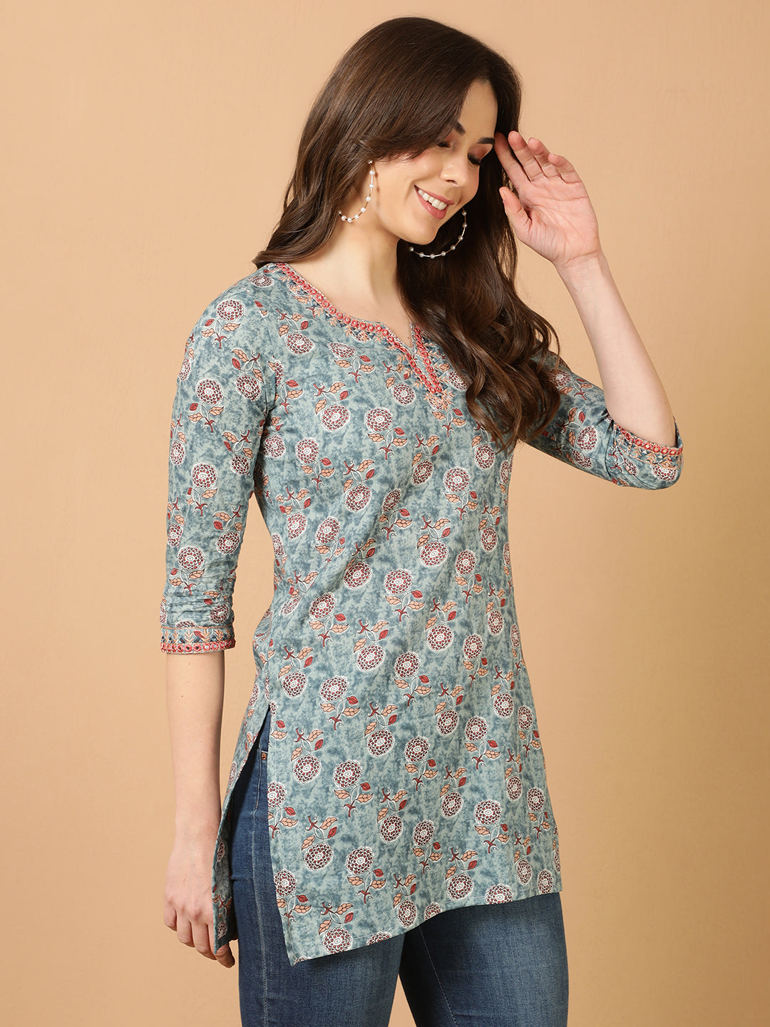 Antaran Blue Pure Cotton Embroidered Tunic - Swadesiicart