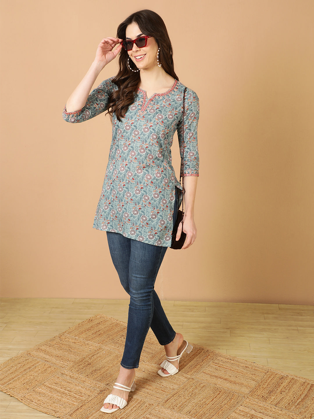 Antaran Blue Pure Cotton Embroidered Tunic - Swadesiicart