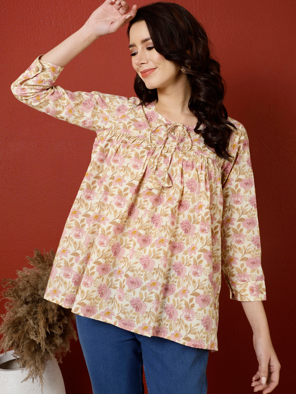 Antaran Peach Pure Cotton Printed Top - Swadesiicart