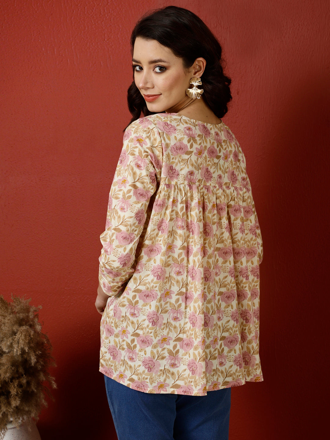 Antaran Peach Pure Cotton Printed Top - Swadesiicart