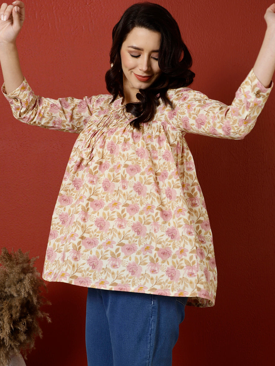 Antaran Peach Pure Cotton Printed Top - Swadesiicart