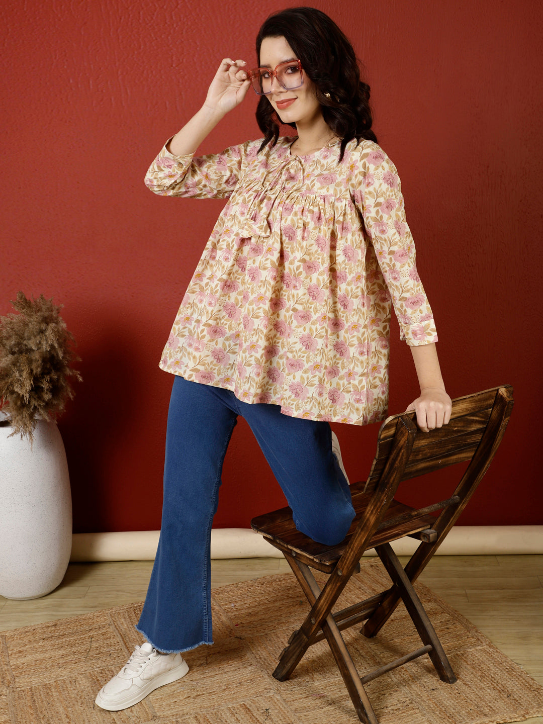 Antaran Peach Pure Cotton Printed Top - Swadesiicart