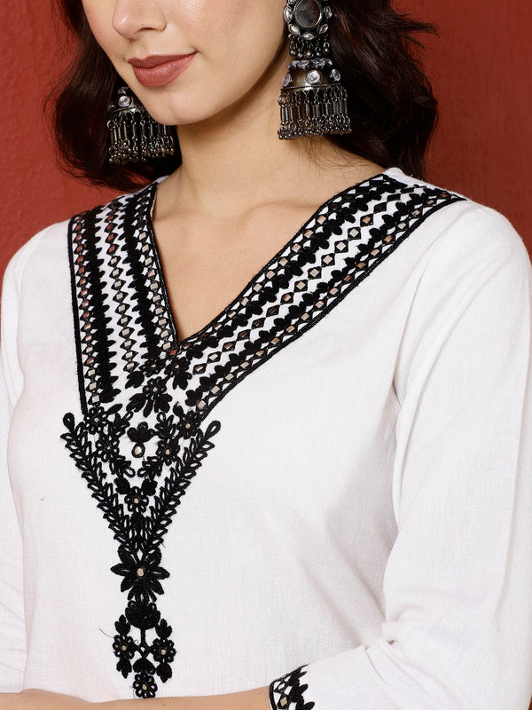 Antaran White Cotton Embroidered Kurta Pant Set - Swadesiicart