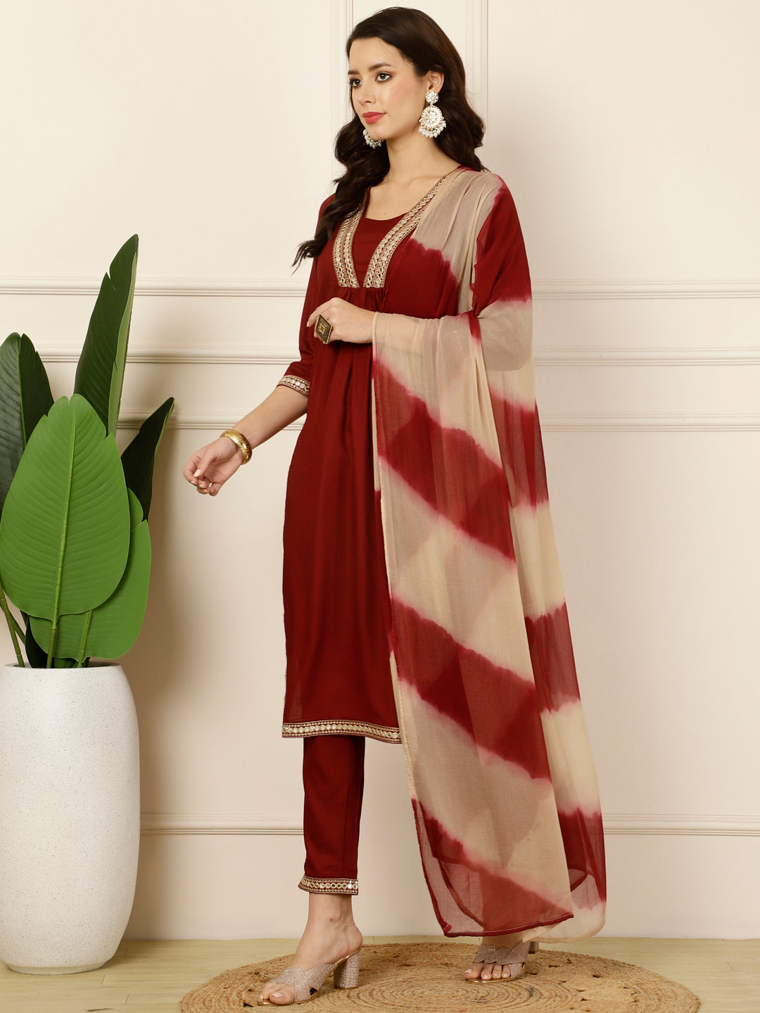 Antaran Maroon Rayon Embellished Kurta Pant & Dupatta Set - Swadesiicart