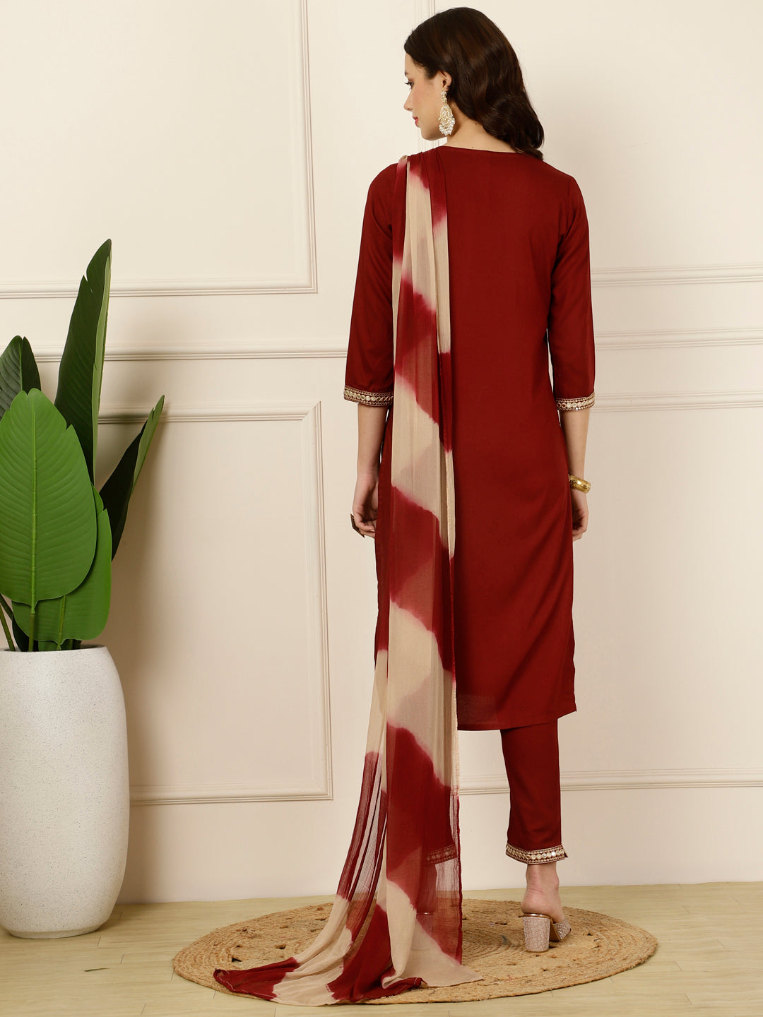 Antaran Maroon Rayon Embellished Kurta Pant & Dupatta Set - Swadesiicart