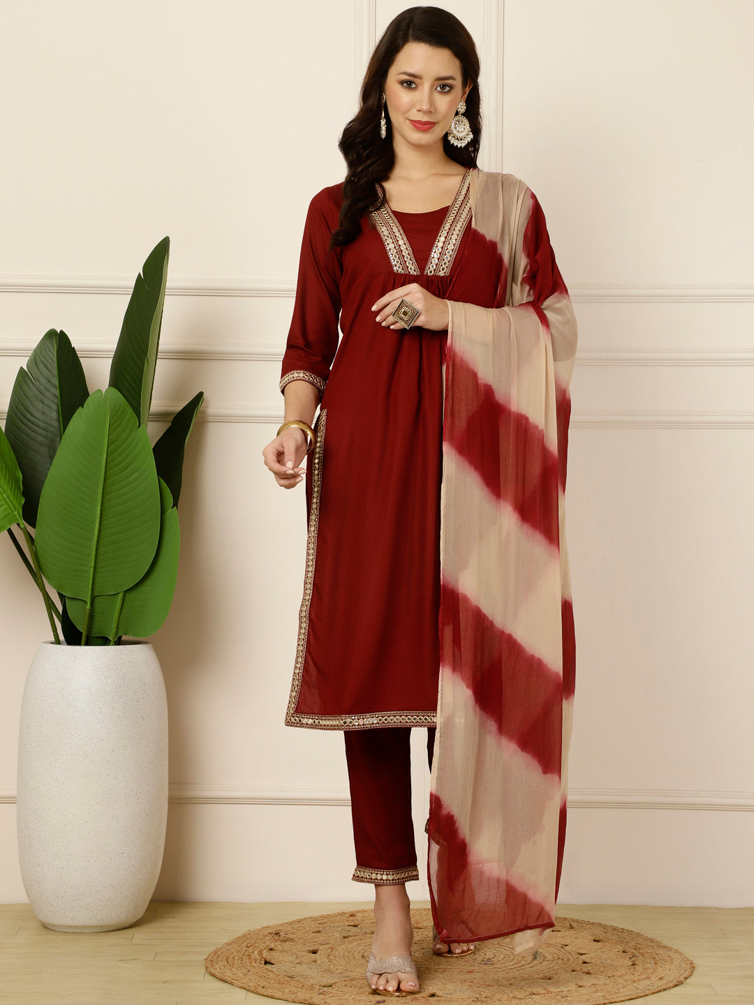 Antaran Maroon Rayon Embellished Kurta Pant & Dupatta Set - Swadesiicart
