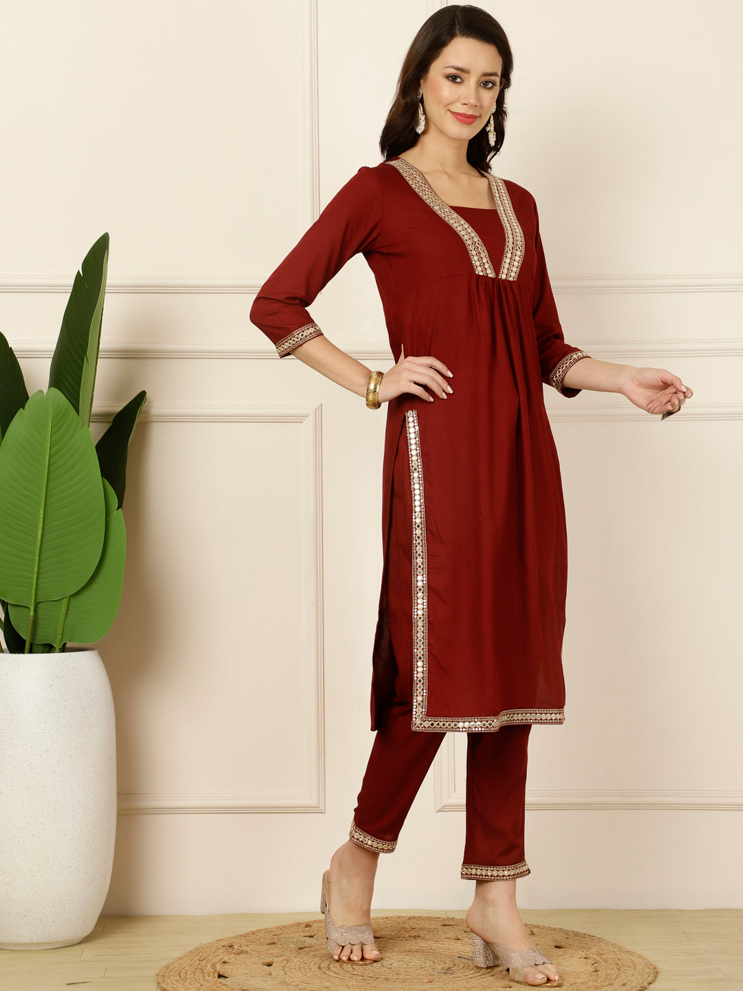 Antaran Maroon Rayon Embellished Kurta Pant & Dupatta Set - Swadesiicart
