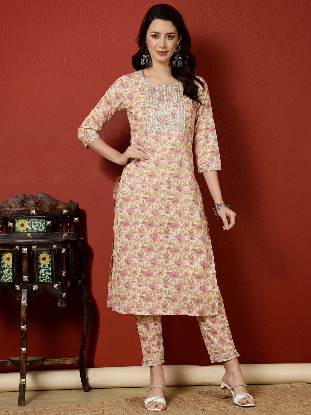 Antaran Peach Pure Cotton Embroidered Kurta Pant Set - Swadesiicart